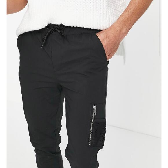 ASOS Design Skinny Black Nylon Elastic Waist Trousers Men's 28x26 Crop - Picture 3 of 11